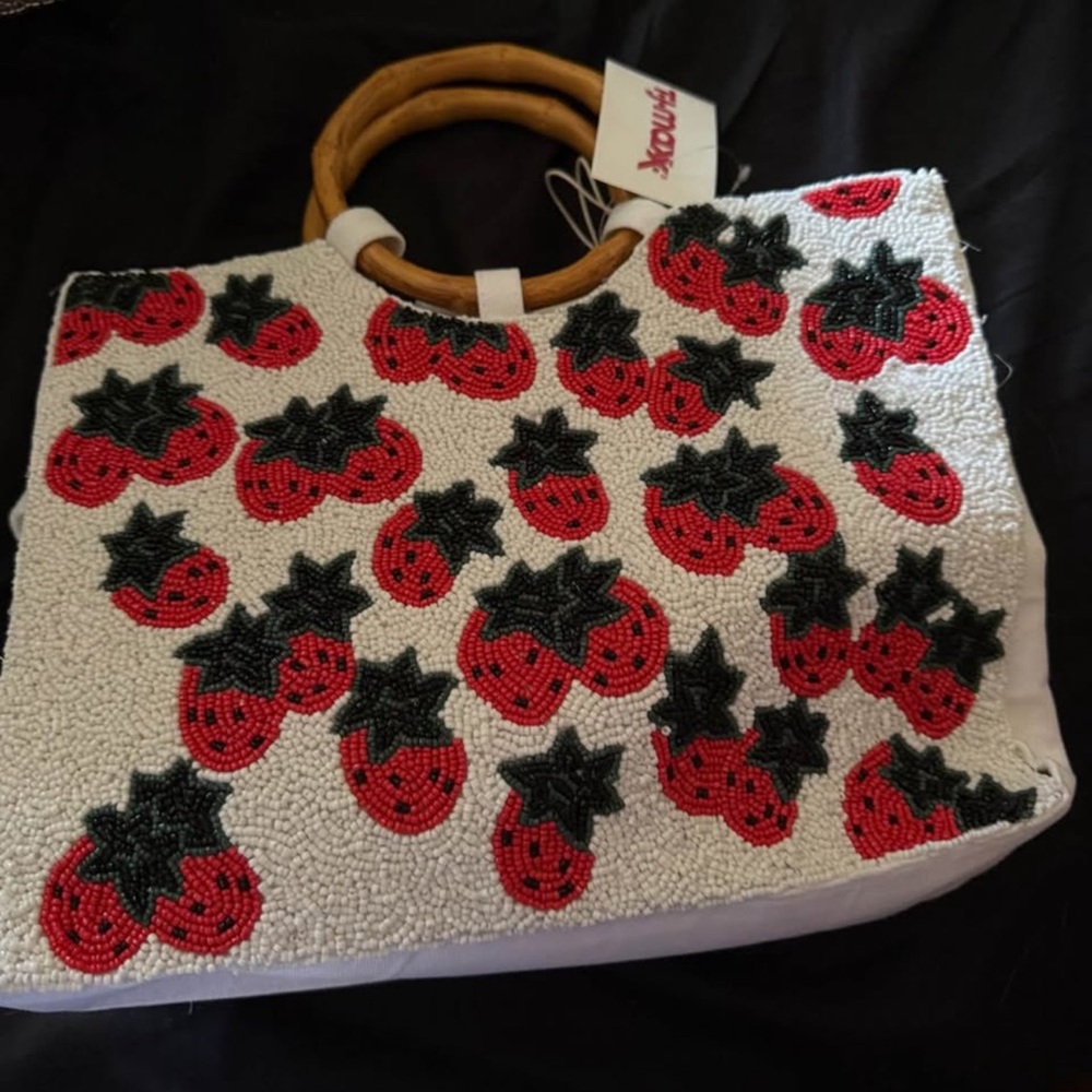 Strawberry Beaded White Tote Bag
